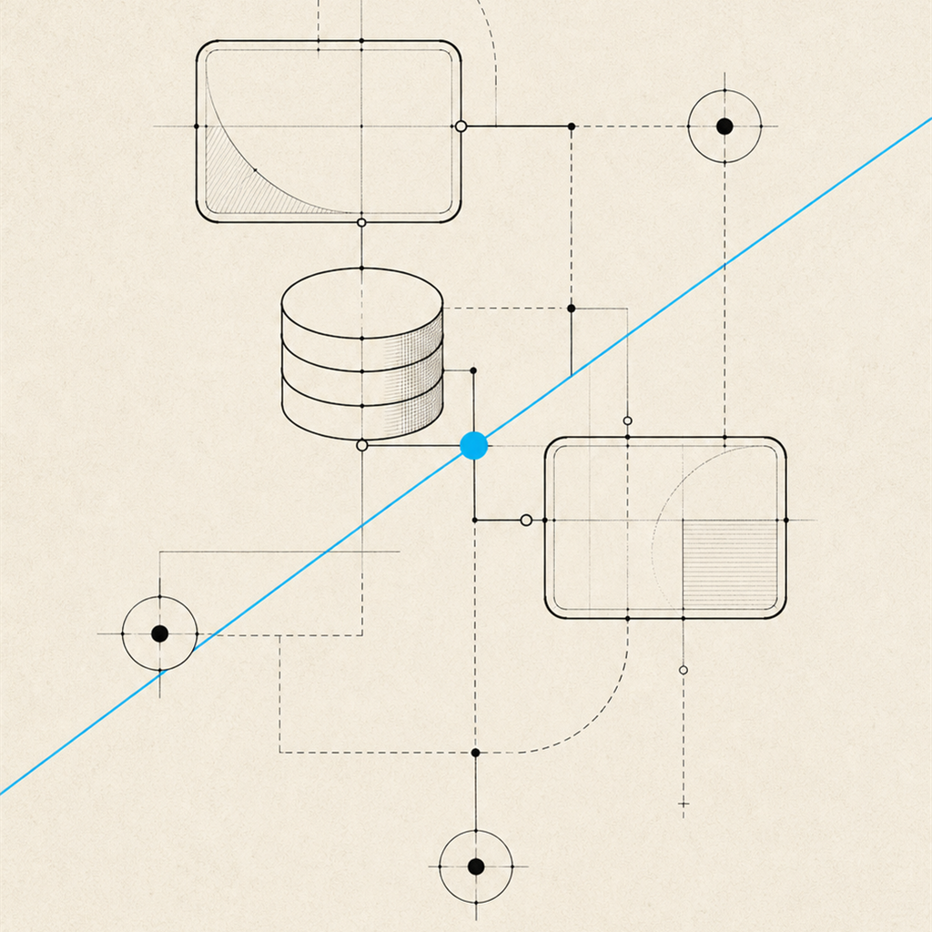 Schematic of a custom modular system, drawn in ink with a single Sync Cyan accent